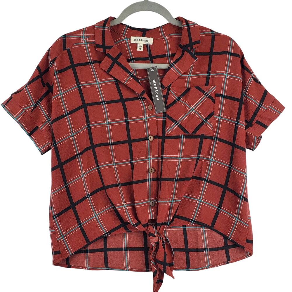 Monteau LA Tie Front Plaid Crop Top M Preppy Checked Schoolgirl Blousy Shirt NWT